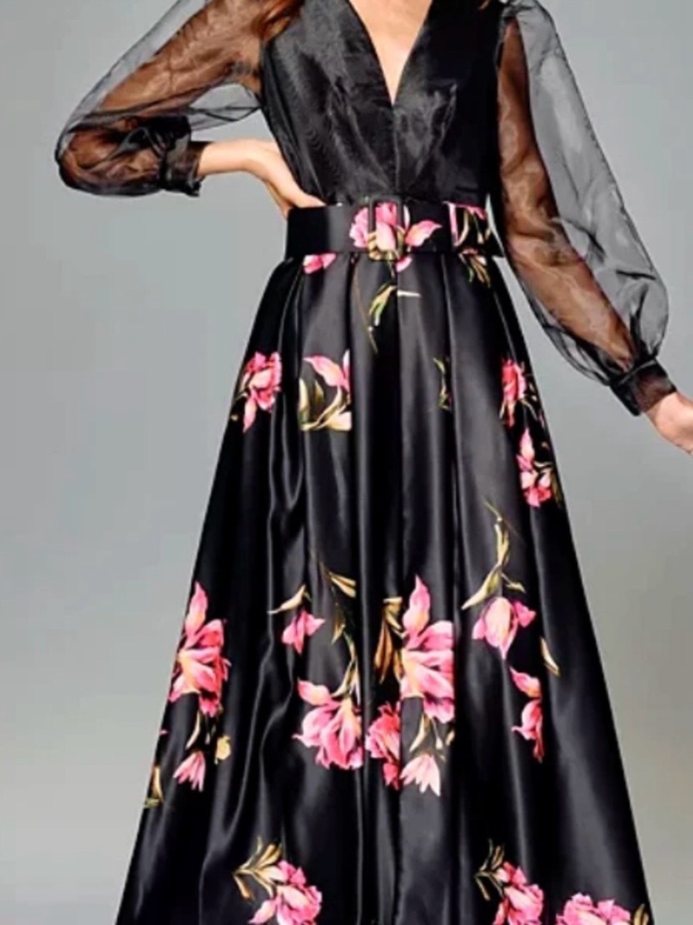 Betsy & Adam Black Maxi Dress with Pink Floral Print - Picture 6 of 11
